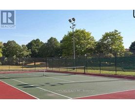 A tennis court with a net and trees in the background.
