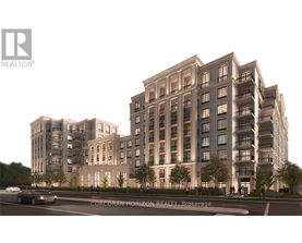 A rendering of a multi-story building with the logo of a realtor on the top left corner.