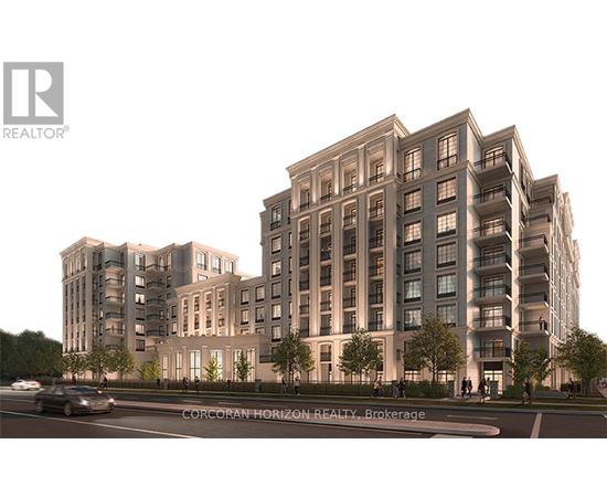 A rendering of a multi-story building with the logo of a realtor on the top left corner.