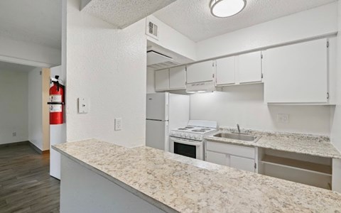 A kitchen with a countertop and cabinets.