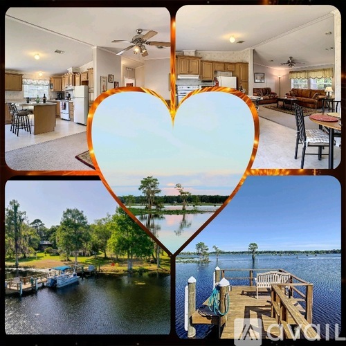 A collage of images showcasing a home interior and exterior, with a heart-shaped frame overlay.