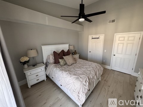 A bedroom with a large bed, a ceiling fan, and a nightstand with a lamp.