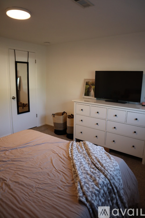 A bedroom with a bed, dresser, and television.