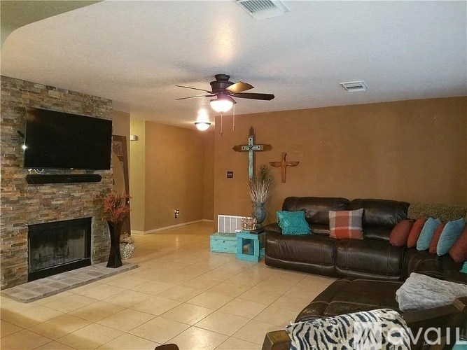A living room with a fireplace and a television.