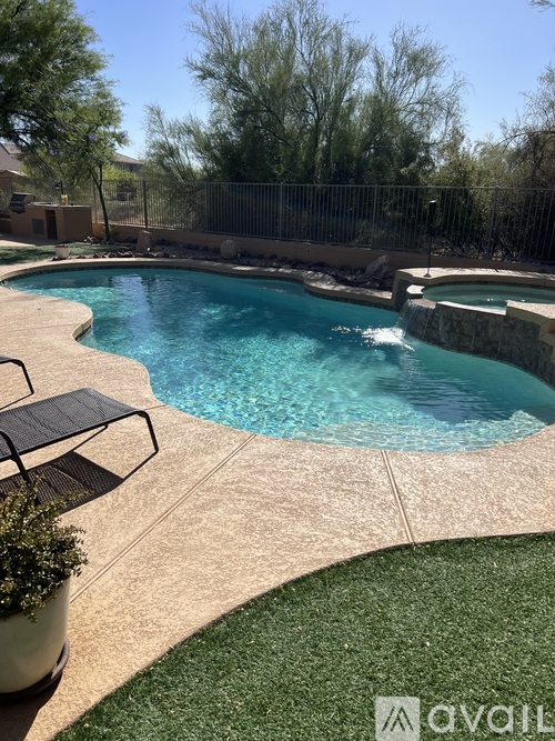 A pool with a chair and a potted plant.