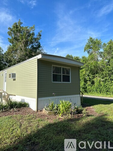 A small house with a green siding and a white trim is surrounded by greenery.