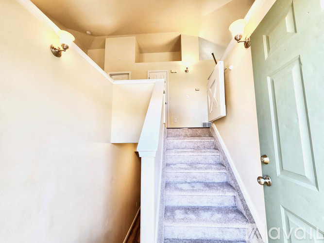 A staircase with a blue carpet and a green door.