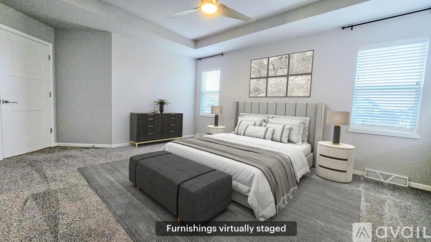 A bedroom with a bed, nightstand, and dresser with a sign that says "Furnishings virtually staged".