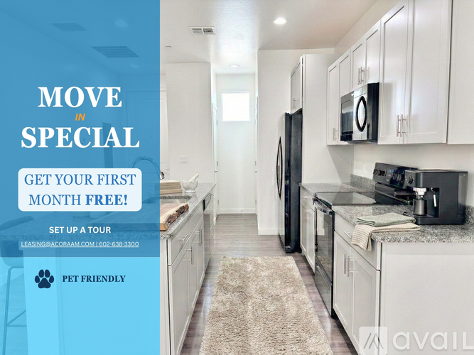 A kitchen interior with a sign offering a free first month for a move-in special.