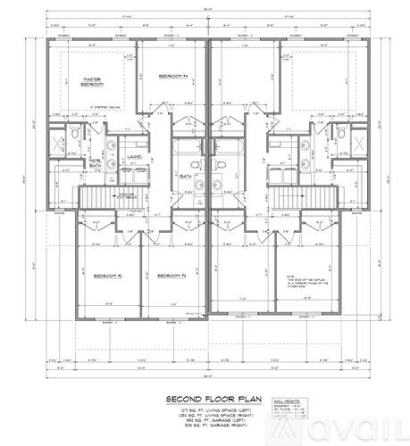 A detailed second floor plan for a building with labeled rooms and measurements.