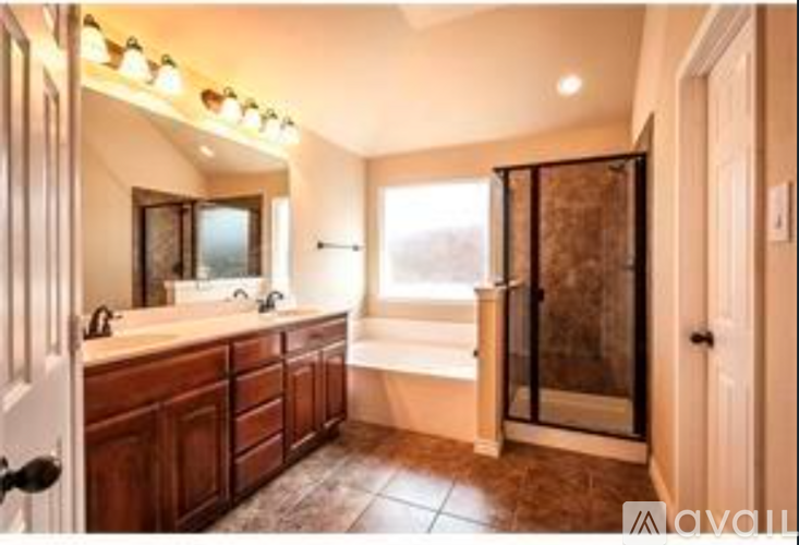 A bathroom with a large mirror, a sink, and a walk-in shower.