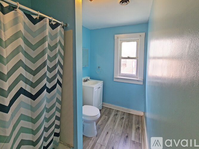 A bathroom with a toilet, a shower curtain, and a window.