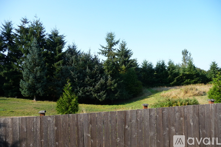 A wooden fence in the foreground with trees in the background.