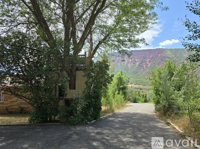 A house is surrounded by trees and bushes with a mountain in the background.