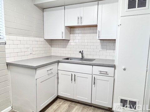 A white kitchen with a sink and cabinets.