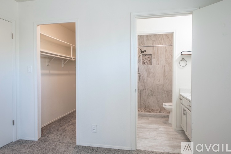A bedroom with a walk-in closet and a bathroom.