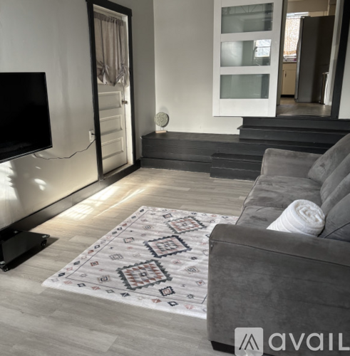 A living room with a grey couch and a patterned rug.