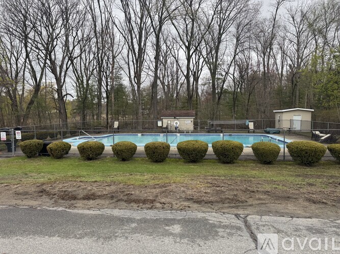 A pool surrounded by bushes and trees with a fence around it.