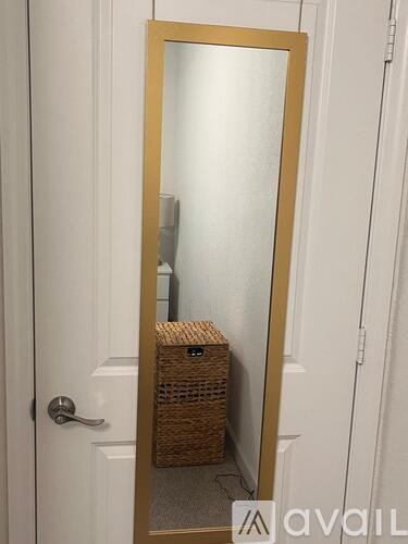 A mirror reflects a door and a wicker basket on the floor.