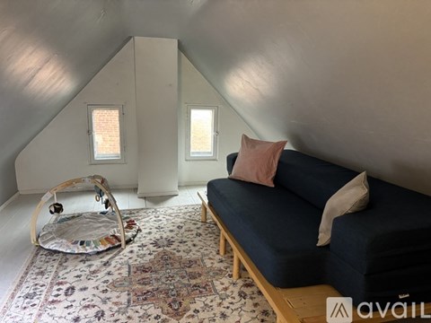 A living room with a couch and a hanging chair.