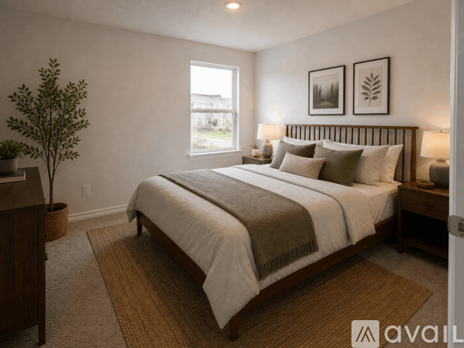 A bedroom with a large bed and a window.