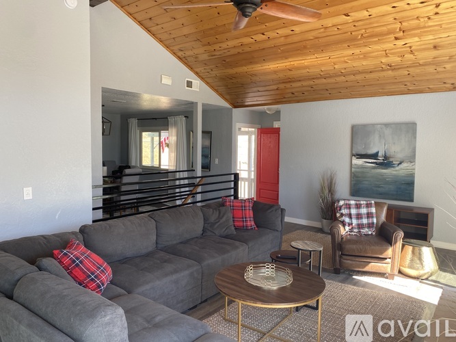 A living room with a grey couch and a wooden ceiling.