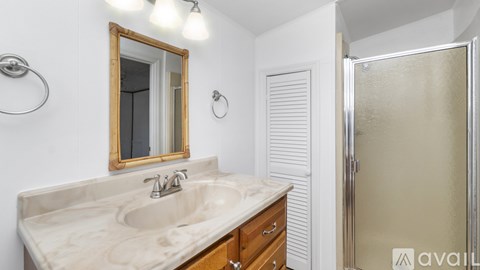 A bathroom with a sink, mirror, and shower.