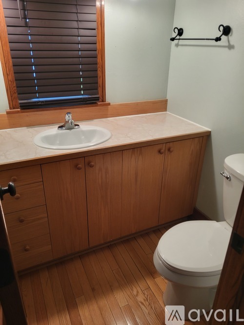 A bathroom with a toilet, sink, and wooden cabinets.