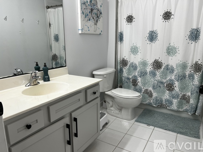 A bathroom with a sink, toilet, and shower curtain.