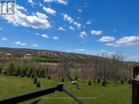 A view from a balcony overlooking a green landscape with trees and a mountain in the distance.
