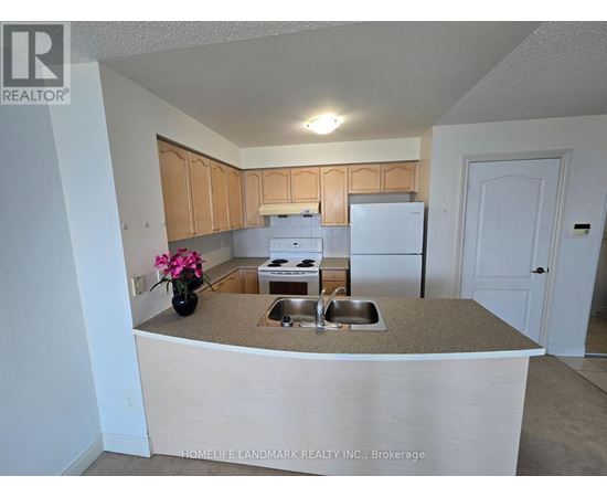 A kitchen with a sink, stove, and refrigerator.