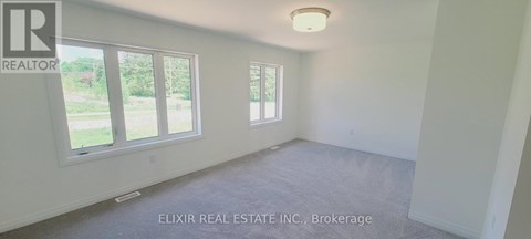 A room with a carpet floor and a window overlooking a green area.
