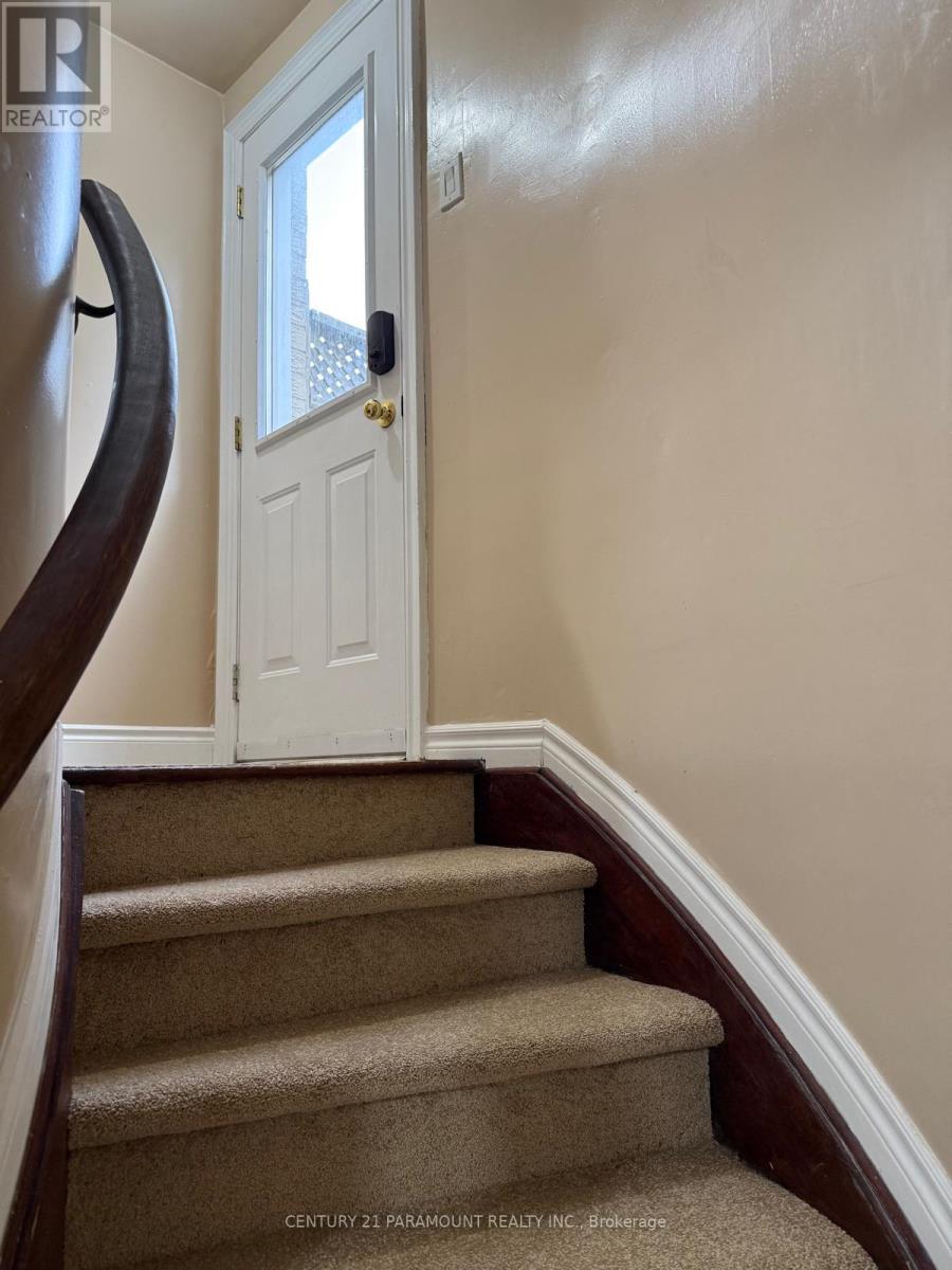 A staircase with beige carpeted steps and a wooden handrail.