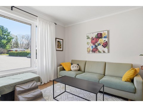 A living room with a grey couch, a coffee table, and a painting on the wall.