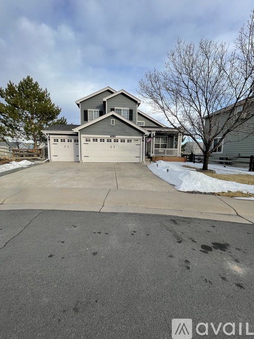 A house with a grey garage door and a tree in front.