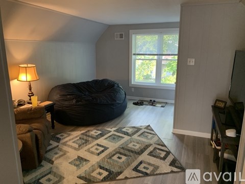 A living room with a bean bag chair and a rug.
