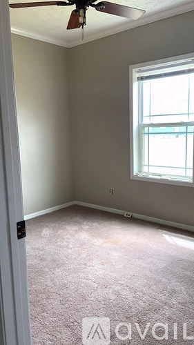 A room with a carpeted floor and a ceiling fan.