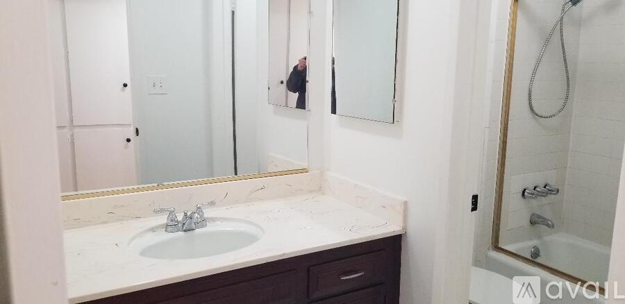 A bathroom with a sink, mirror, and shower.