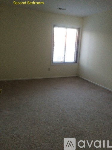 A second bedroom with a carpeted floor and a window.