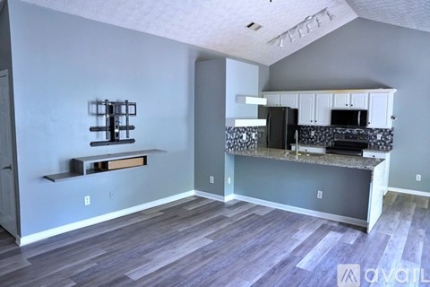 A kitchen area with a counter and cabinets.