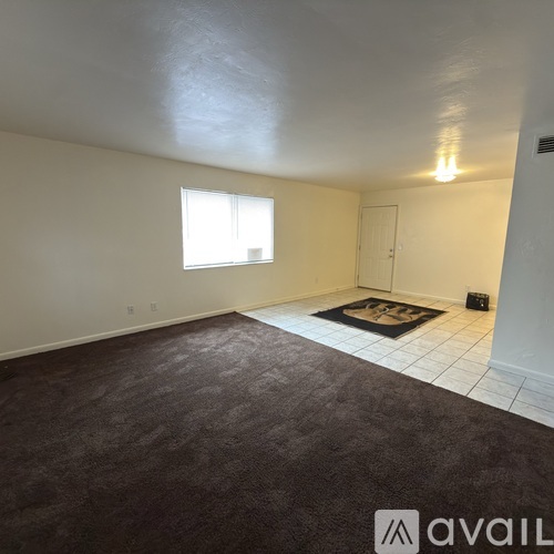 A room with a carpeted floor and a window.