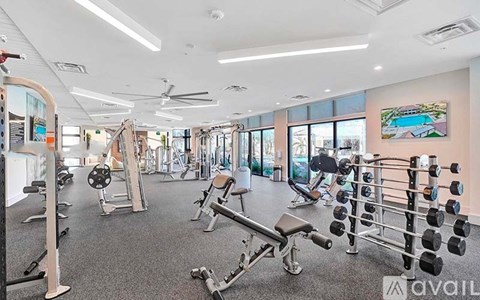 A well-equipped gym with various exercise machines and weights.
