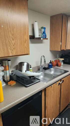 A kitchen with wooden cabinets and a sink.
