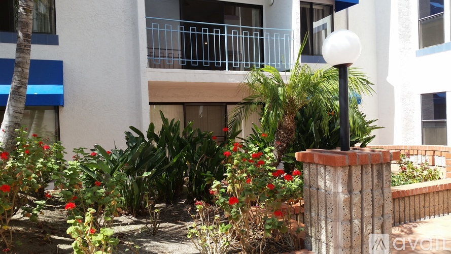 A building with a balcony and a palm tree in front.