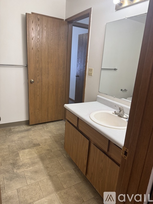 A bathroom with a sink, mirror, and wooden door.