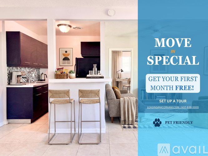 A kitchen and living room with a sign offering a free first month.