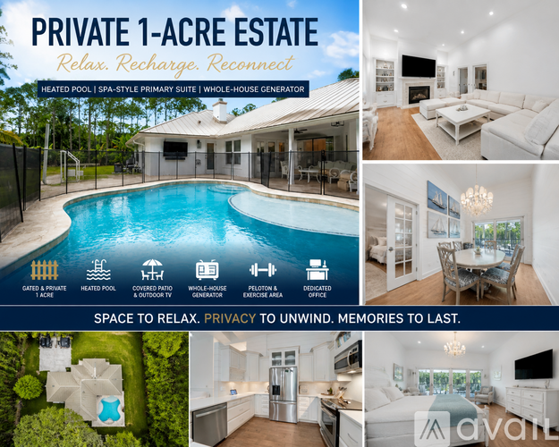 A private 1-acre estate with a heated pool and a spa-style primary suite.