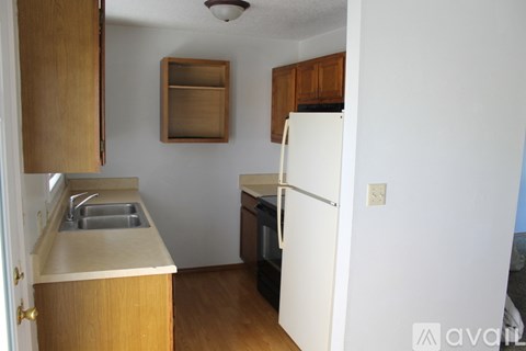 A kitchen with a sink and a refrigerator.