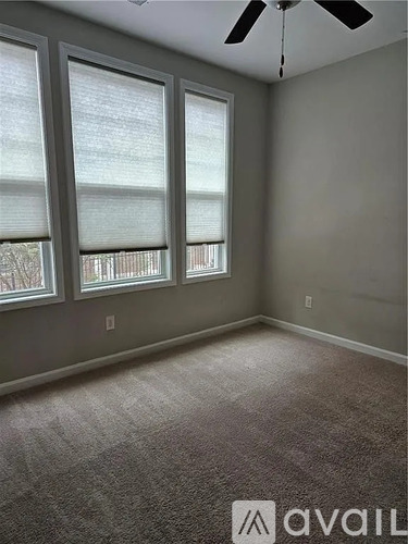 A room with a carpeted floor and a ceiling fan.