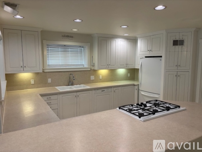 A kitchen with white cabinets and a stove top oven.